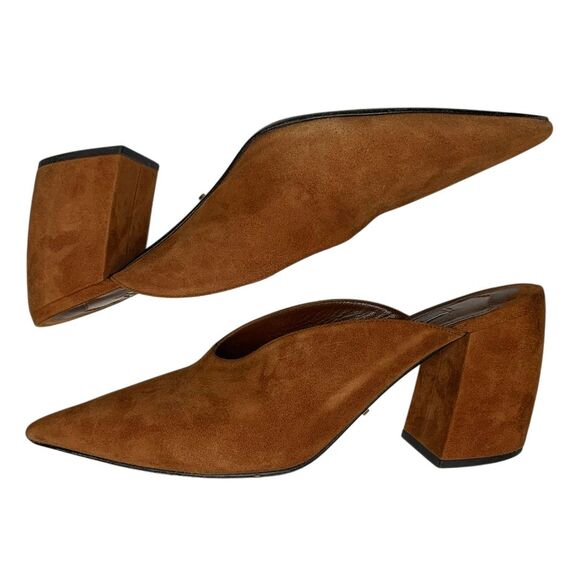 Prada Suede V-Notch Mules Size 39 Brown Pointed Toe Block Heel Slip-On Shoes - Picture 4 of 10